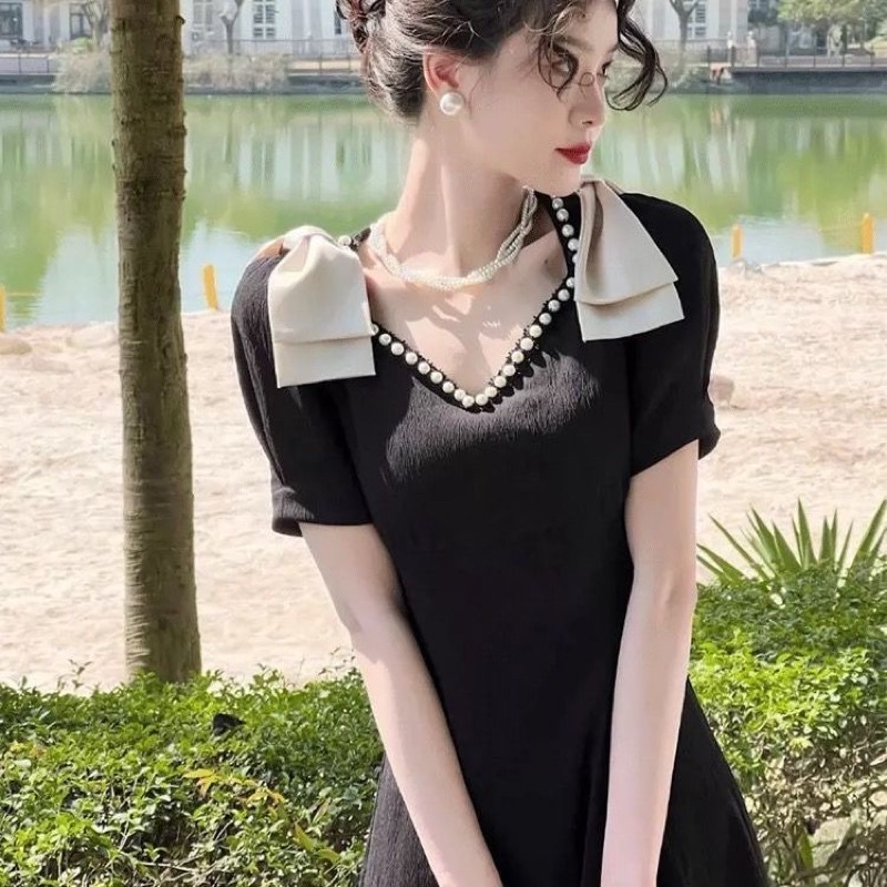 Đầm Đen Dáng Dài Ôm Eo Đính Nơ Phong Cách Pháp Thời Trang Mùa Hè Dành Cho Nữ