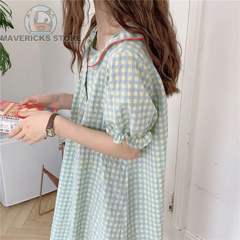 Váy ngủ tay ngắn cổ búp bê kẻ sọc caro màu xanh lá xinh xắn phong cách thời trang Hàn Quốc