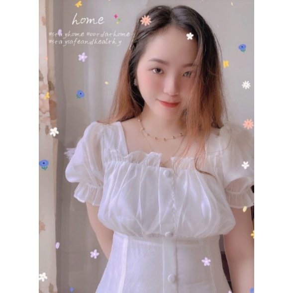 [Ảnh thật] Váy trắng cộc tay cổ vuông cúc bọc - Váy trắng kỉ yếu xoè voan tơ tay bồng