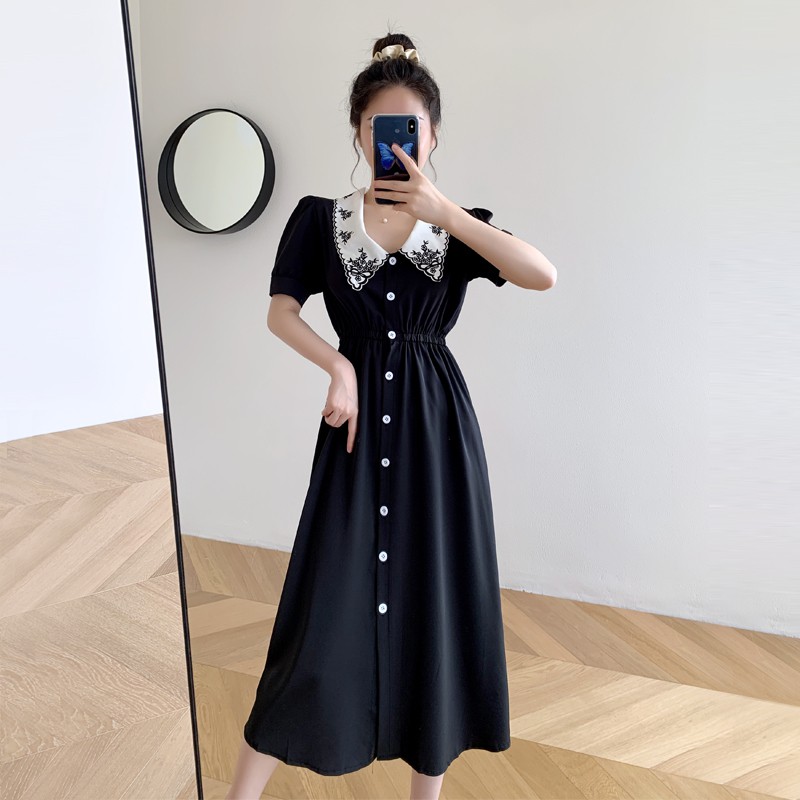 (ORDER) Váy/đầm màu đen kiểu Pháp cổ sen thêu hoa xòe dài vintage nhẹ nhàng tiểu thư _ ulzzang style