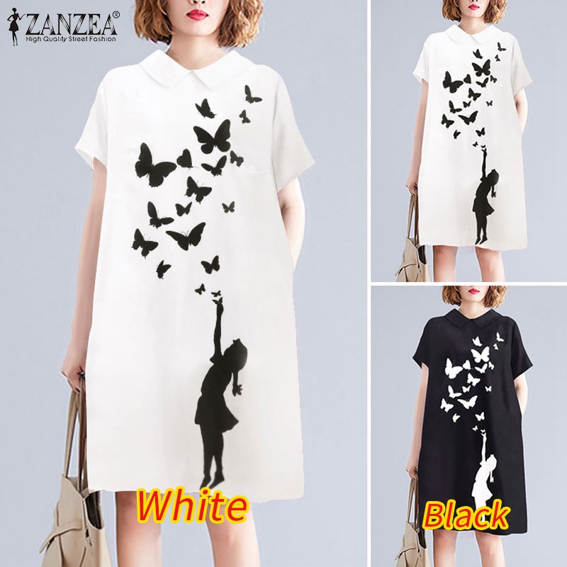 Đầm ZANZEA midi tay ngắn cổ búp bê in họa tiết bướm phong cách đường phố thời trang cho nữ