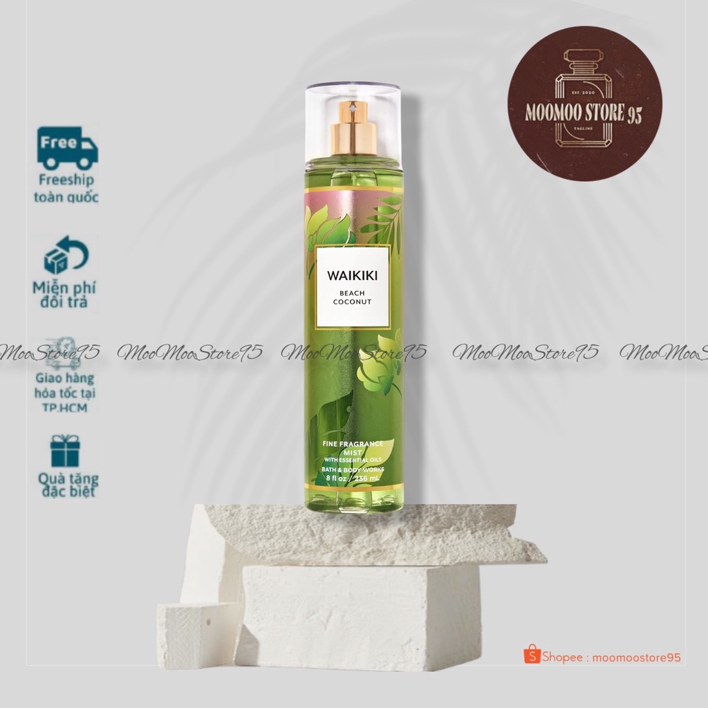 Xịt thơm toàn thân 𝐁𝐚𝐭𝐡 &amp; 𝐁𝐨𝐝𝐲 𝐖𝐨𝐫𝐤𝐬 mùi Waikiki Beach Coconut - 236ml Full Seal -