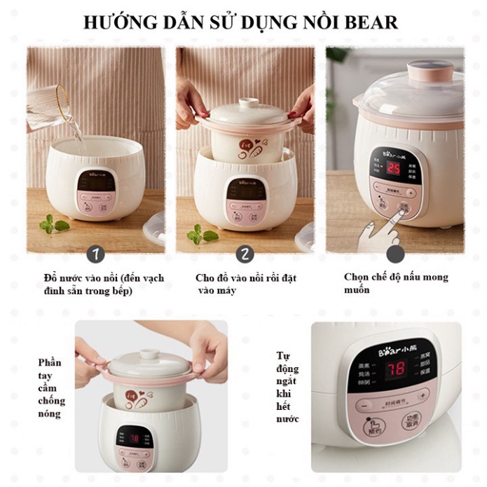 Nồi nấu cháo Bear 0.8l có lồng hấp + tặng kèm nồi thủy tinh