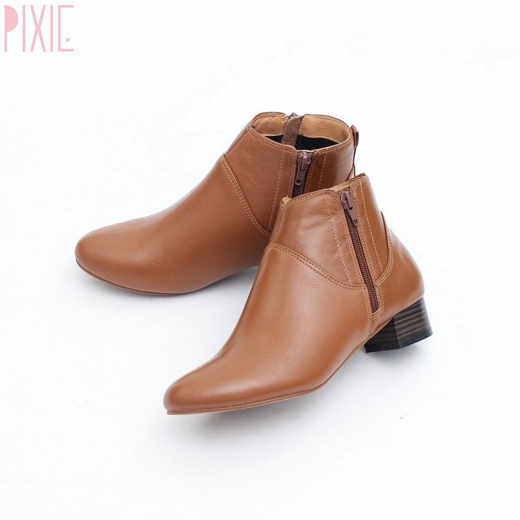 Giày Boot Thấp 3cm Cổ Ngắn 2 Dây Kéo Da Bò Thật Pixie P697 | BigBuy360 - bigbuy360.vn