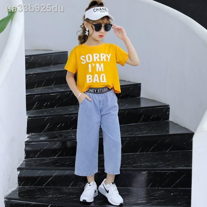 quần gáiquần áo trẻ em■┅♤Bộ đồ bé gái mùa hè năm 2021 Mới dành cho trẻ em quần denim ống rộng Cô Hàn Quốc Xu