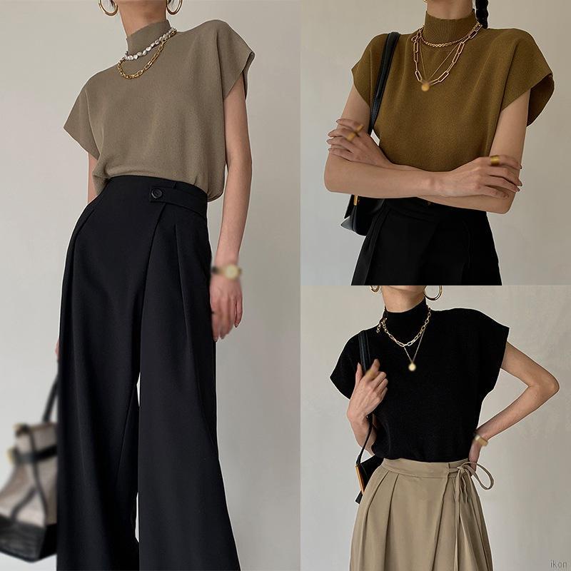 Áo kiểu mặc chui đầu tay ngắn cổ lọ màu trơn phong cách vintage thời trang