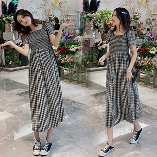 Đầm bầu tay ngắn họa tiết sọc caro phong cách Hàn Quốc