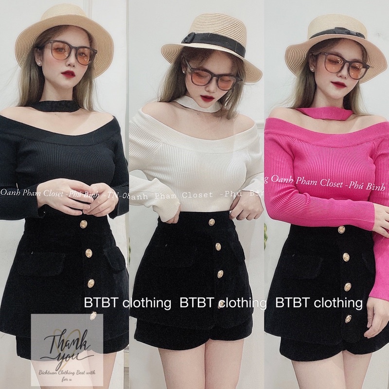 Áo len tăm trễ vai dài tay, có dây vòng qua cổ, phong cách hàng Quảng Châu