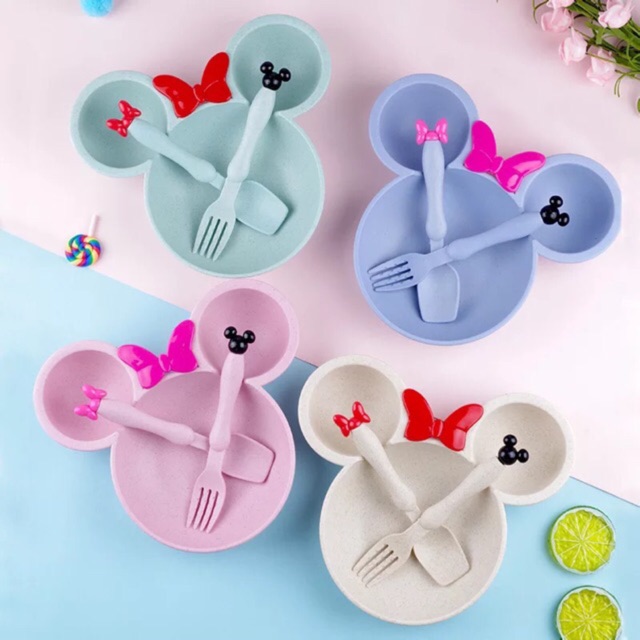 Khay ăn dặm lúa mạch Mickey nơ kèm thìa dĩa
