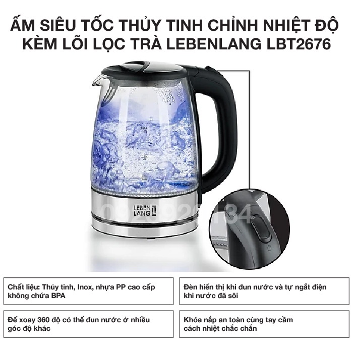 [Mã ELHADEV giảm 4% đơn 300K] Ấm siêu tốc thủy tinh chỉnh nhiệt độ kèm lõi lọc trà Lebenlang LBT2676