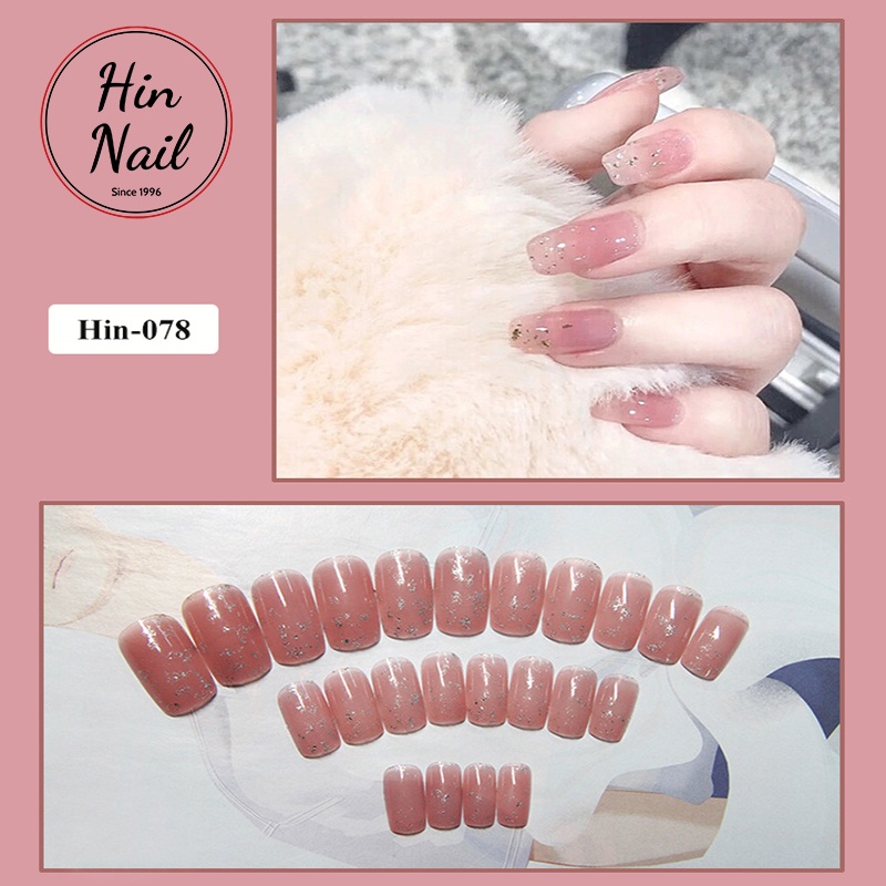 Set 24 móng tay giả dài Hin Nail tông màu hồng ánh nhũ