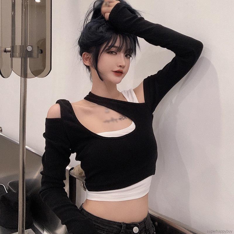 Women Fashion Design T-Shirts Fake Two-piece Sexy Long-sleeved T-shirt Tops