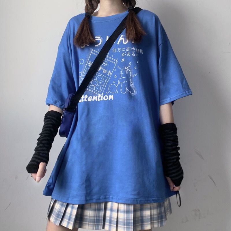Áo thun đen tay lỡ dáng rộng phong cách Hàn Quốc Harajuku cho nữ sinh