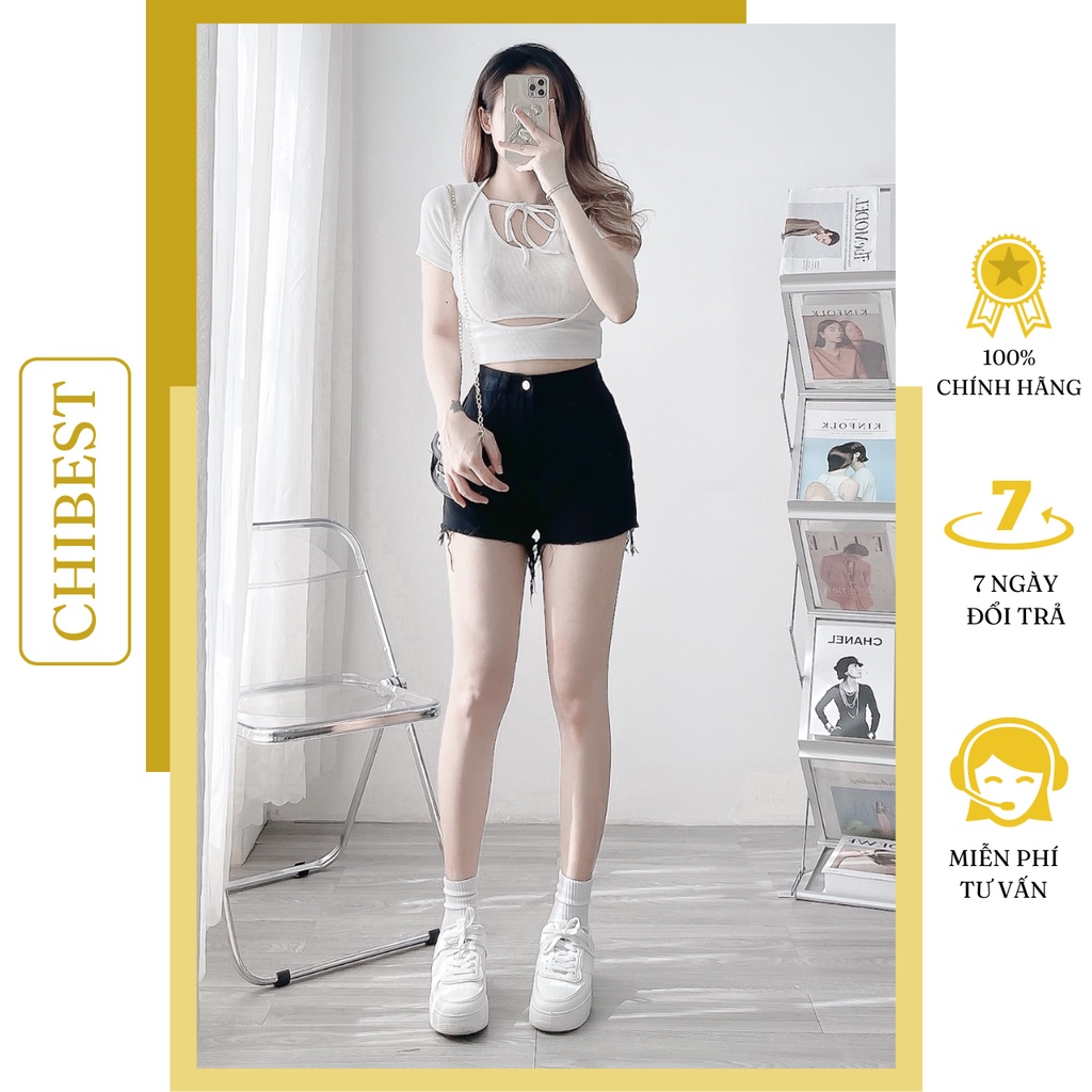 Áo thun CROPTOP kiểu nữ giả 2 lớp phối dây buộc cổ sexy CHIBEST LAB66