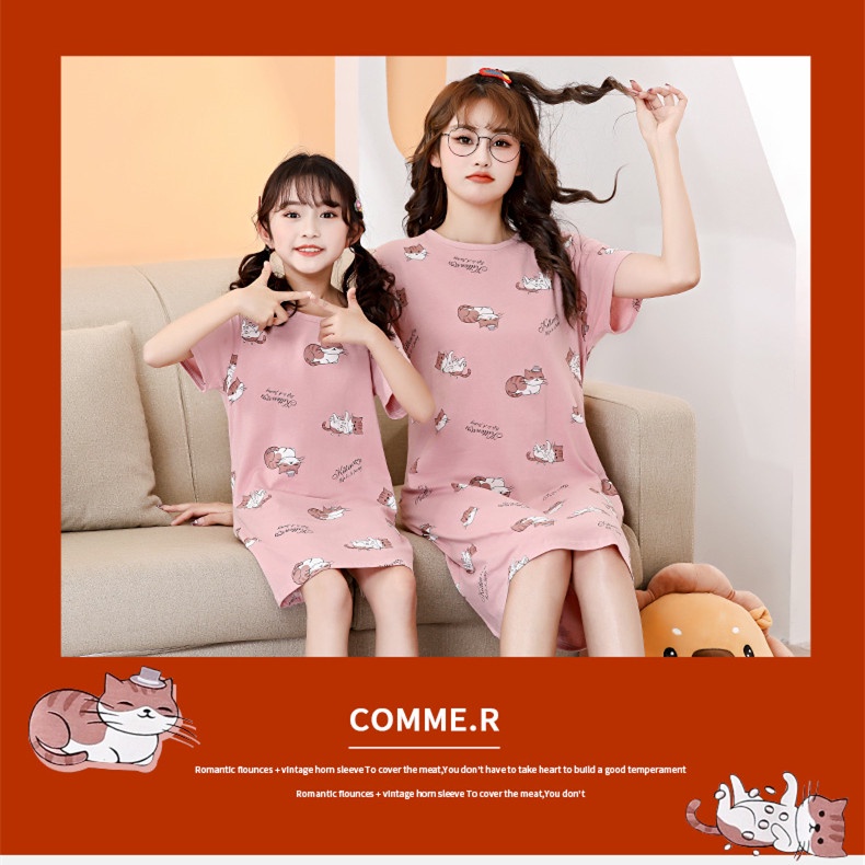 Đầm Ngủ Tay Ngắn Chất Liệu Cotton Thời Trang Xuân Hạ Cho Mẹ Và Bé Kích Thước 100-180cm