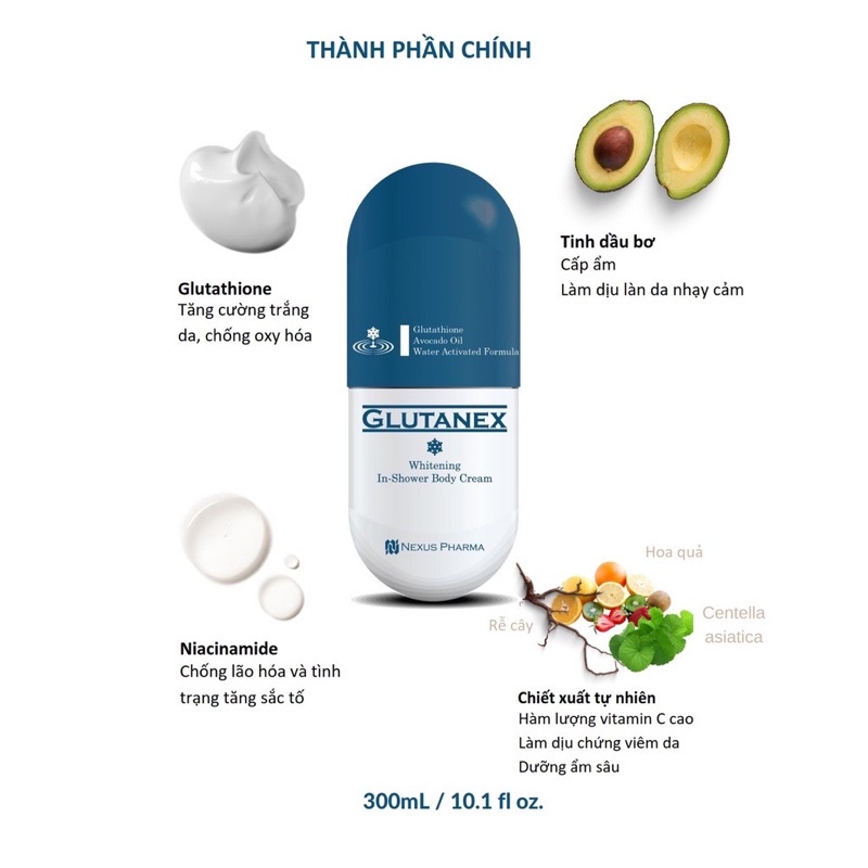 Kem sữa tắm trắng da glutanex in shower body cream nâng tone trắng sáng