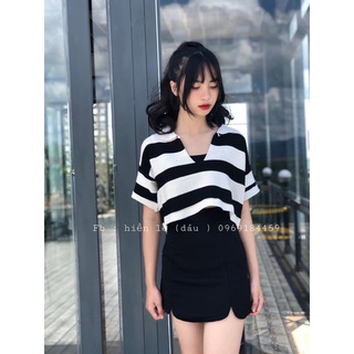 Set áo 2 món croptop cổ bẻ sọc + ba lỗ🔥