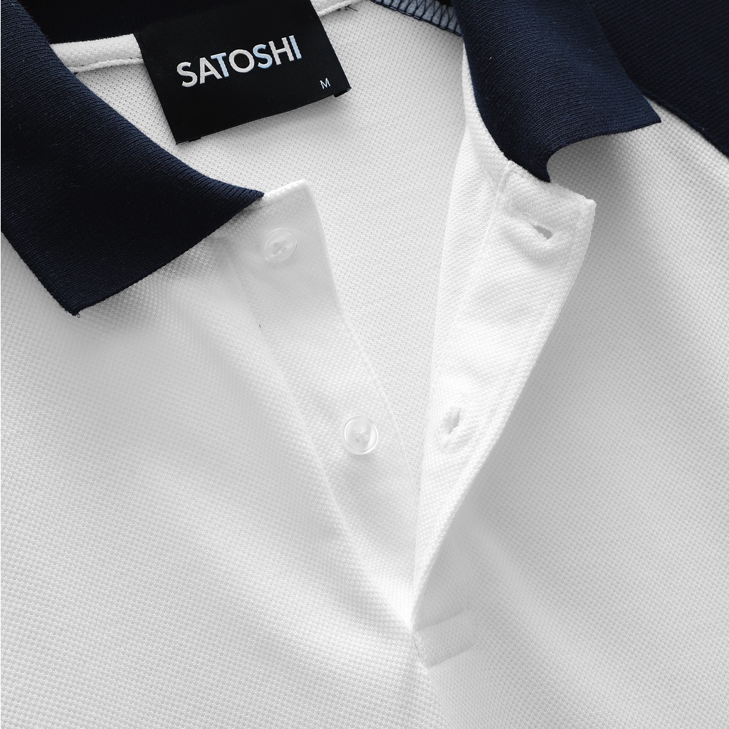 | Satoshi | Áo Polo nam SAPL68  Diamond Pique Raglan màu trắng viền cổ navy phối tay xanh