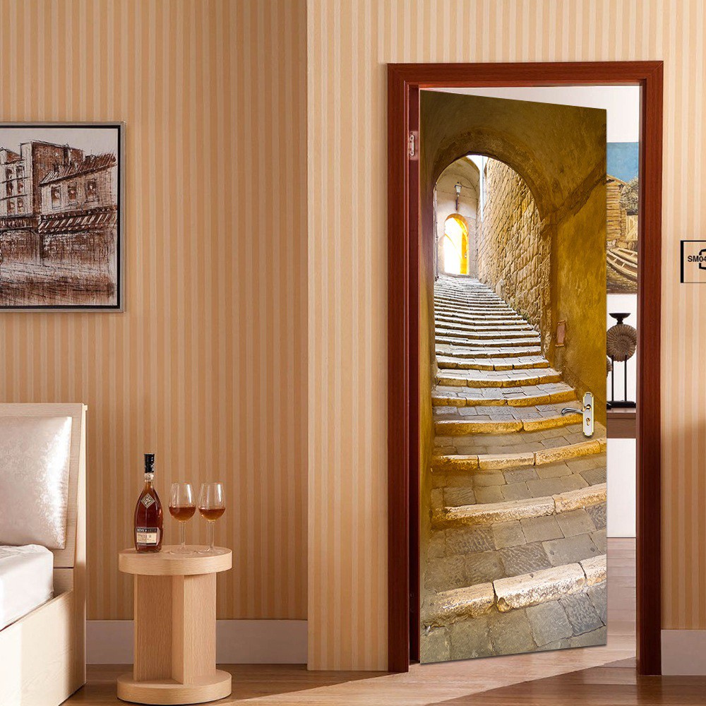 Tranh 3D dán cửa phòng cao cấp - Decal dán cửa 3D Cầu thang đá - DM016