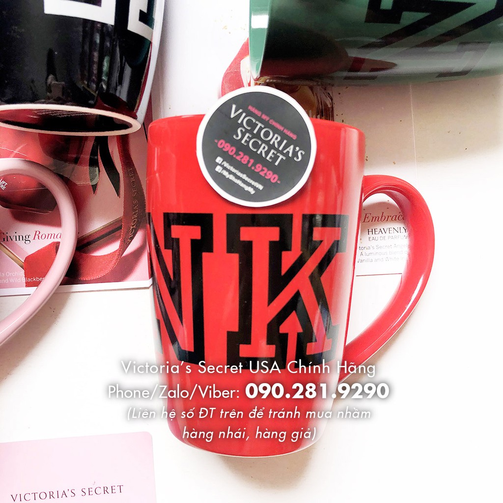 (Ceramic Mug 37) Ly sứ đỏ 500mL, in chữ Pink đen, Ly cafe 16,9oz- Hàng nhập Pink Victoria's Secret