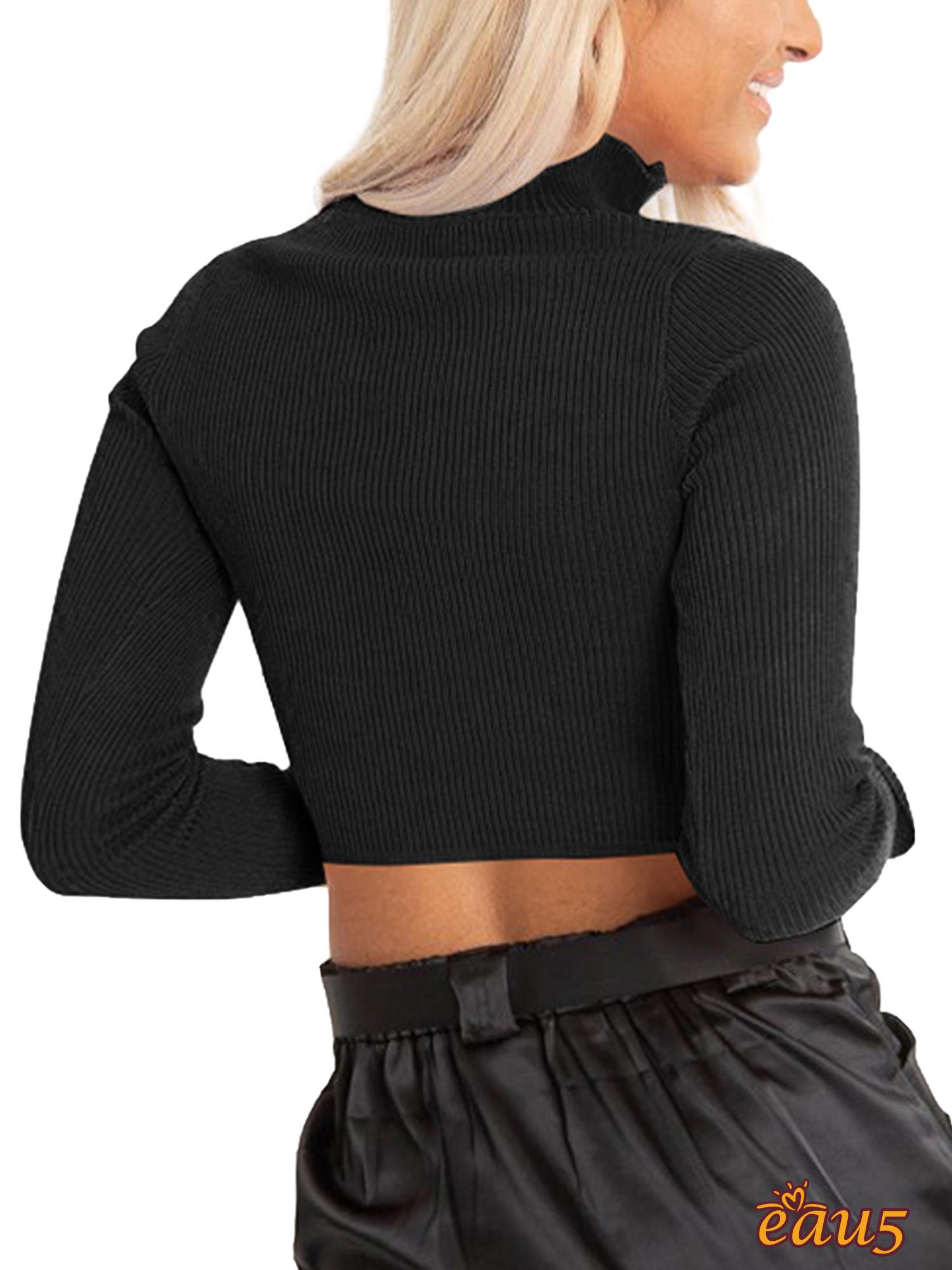 ☜♠☞Women´s Rib Knit Crop Top Long Sleeve Stand Collar Zipper Front Slim Fit Solid Color Basic Tee Shirt
