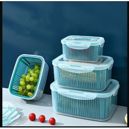 Sét 5 hộp đựng đồ tủ lạnh đa năng 2 lớp kèm nắp đậy màu xanh