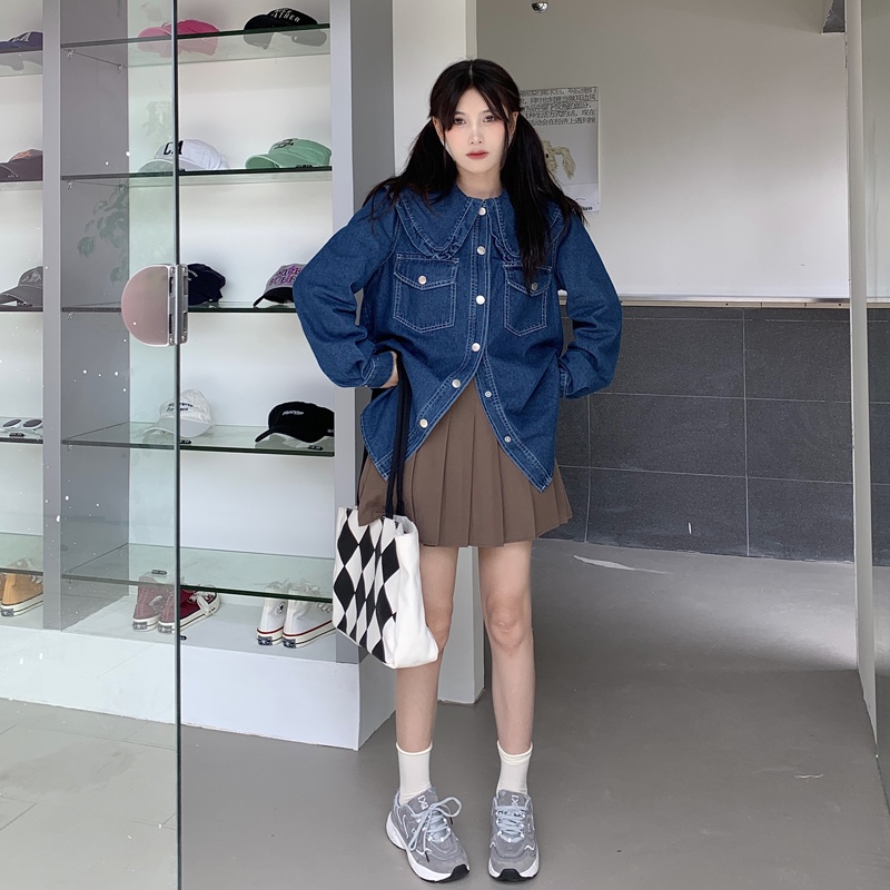 Áo Sơ Mi Chất Liệu Denim Màu Xanh Phong Cách retro Cho Nữ