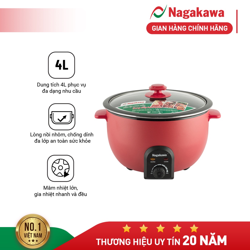 Nồi lẩu điện Nagakawa NAG1902 (4L - 1300W) - Đa chức năng lẩu, nướng, chiên xào - Bảo hành 12 tháng - Hàng chính hãng