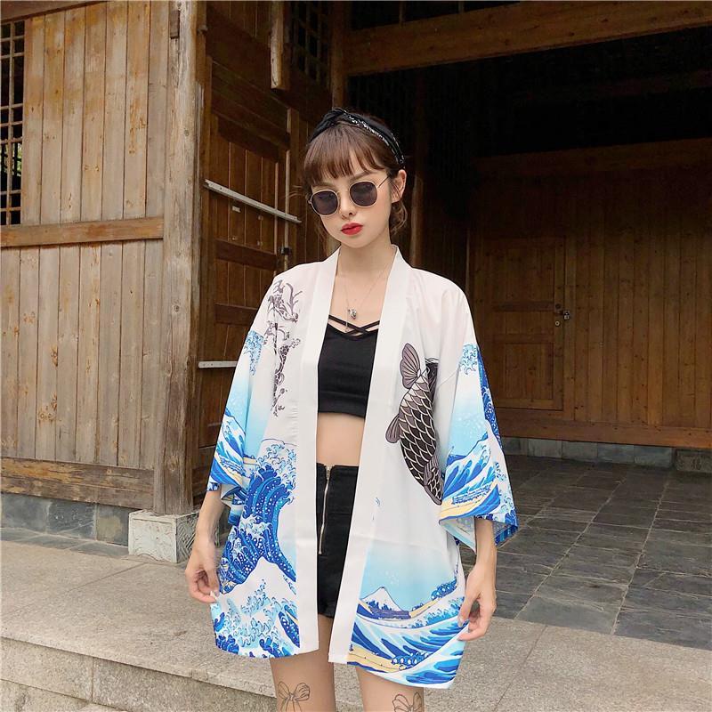 Áo Khoác Sơ Mi Mỏng Tay Lỡ In Họa Tiết Cá Chép Phong Cách Harajuku Nhật Bản Cho Nữ
