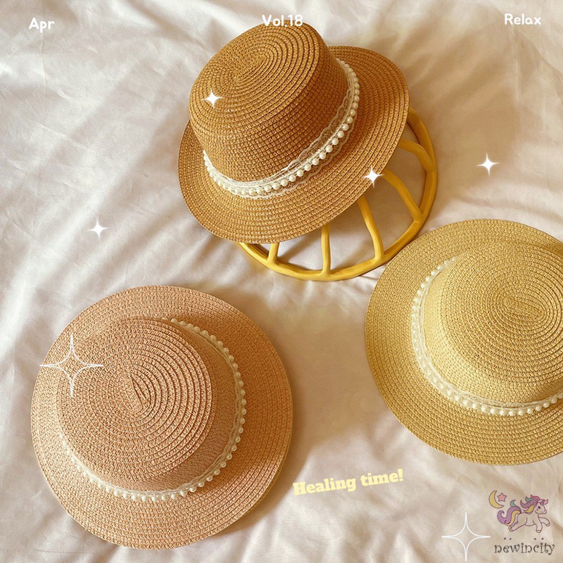 Mũ Cói Phối Ren Đính Ngọc Trai Giả Kiểu Hàn Quốc Xinh Xắn Cho Bé Gái