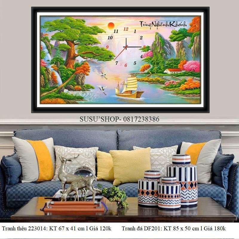 TRANH ĐÍNH ĐÁ ĐỒNG HỒ TÙNG NGHÊNH KHÁCH TRANH CHƯA ĐÍNH DF201 (85x50cm), Tranh thêu 223014 (67x41cm)