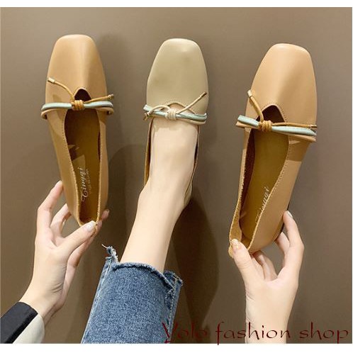 Giày bệt búp bê nữ đế bằng da mềm mũi vuông thắt nơ vintage hàng QC cao cấp - Kèm hình thật