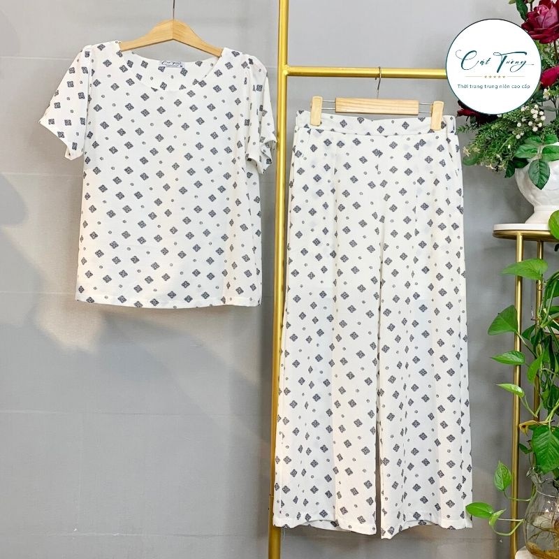 Bộ mặc nhà thoải mái, màu trắng họa tiết mùa hè, quà tặng cho mẹ, cho bà - Thời trang Cát Tường