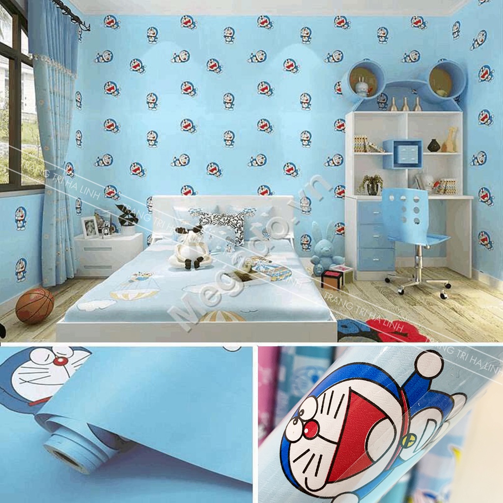 Giấy dán tường hoạt hình 3d doraemon hello kitty cho trẻ em , decal doremon dán phòng ngủ sẵn keo chống thấm nước