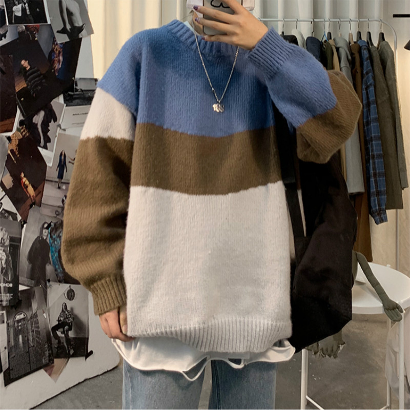 Áo Sweater cổ tròn phối màu độc đáo phong cách Hàn Quốc thời trang mùa thu đông cho nam và nữ