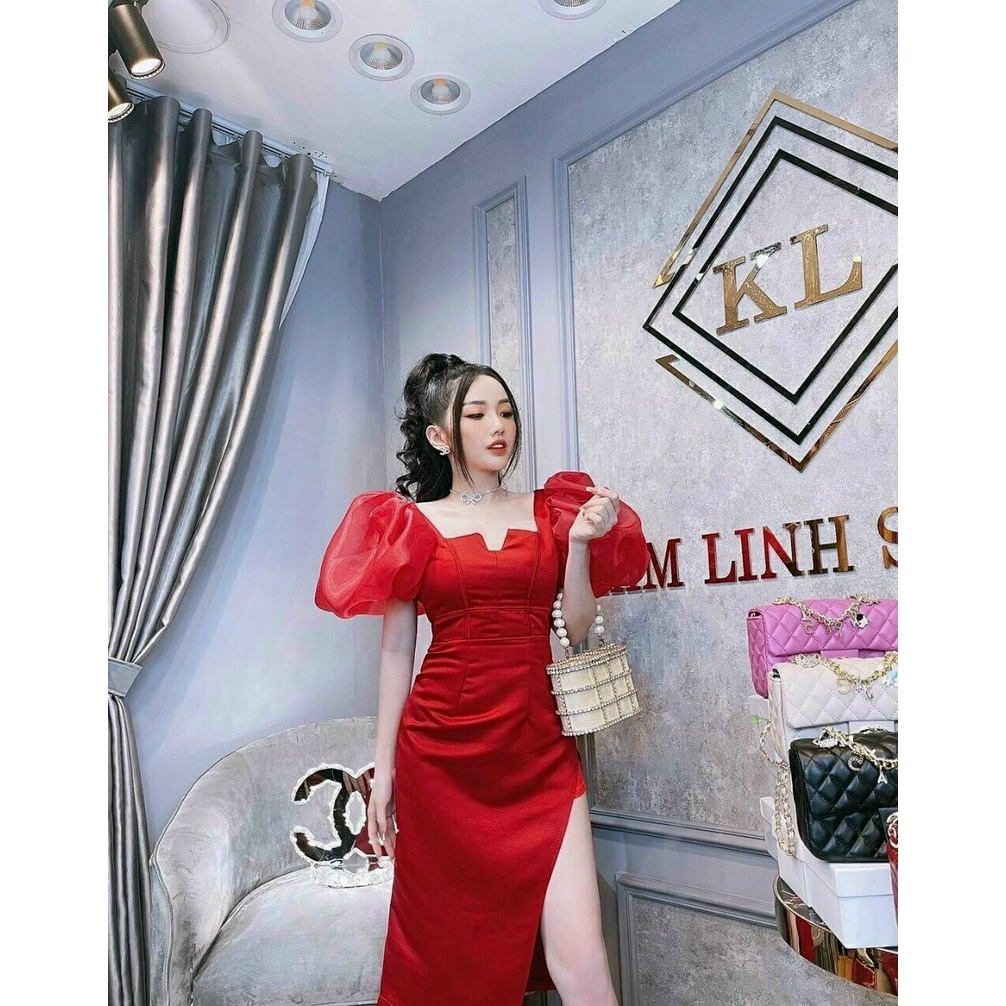 Đầm tay phồng ôm body sẻ tà cổ vuông có mút ngực (chất liệu umu phối voan kiếng) thời trang nữ thiết kế sang trong