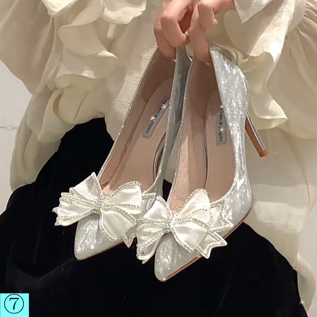 Giày Cao Gót Đính Nơ Màu Bạc Phong Cách Mới 2022 Cho Phù Dâu