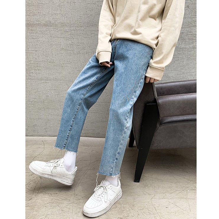 [Tiền Nào Của Đấy]Quần Jean Baggy Nam Ống Rộng Rách Gấu Màu Xanh Đậm Unisex Vải Không Phai Màu-B03