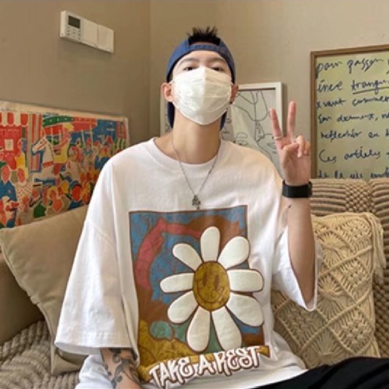 Áo Thun Nam Dáng Rộng In Họa Tiết Hoa Phong Cách Hàn Quốc Thời Trang