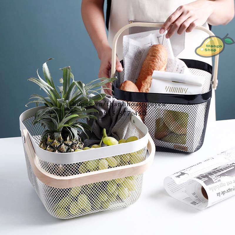 Giỏ đựng đồ sang trọng tay cầm gỗ phong cách Bắc Âu ( Rổ Sắt to đi picnic đựng hoa quả đồ ăn vặt vintage )