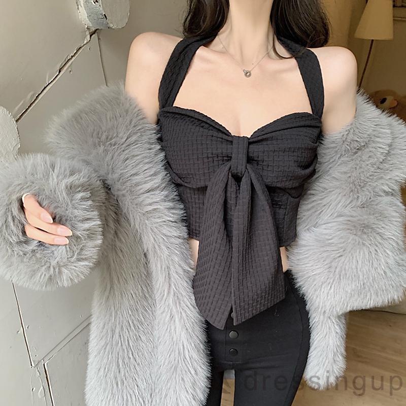 DRE-Women’s Casual Halter Tank Tops,Fashion Solid Color Bow V-neck Backless Exposed Navel Camisole