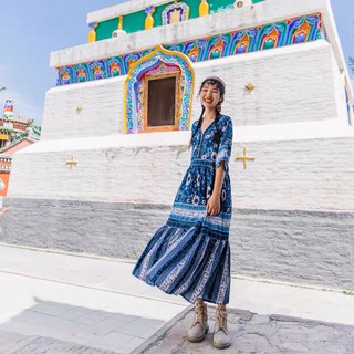 (Ảnh thật) Váy đầm maxi boho thổ cẩm vintage cổ v tay ngắn dáng dài hoạ tiết form suông rộng đi du lịch đi biển