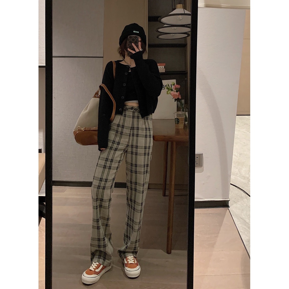 Quần dài ống rộng lưng cao họa tiết caro chất lượng cao