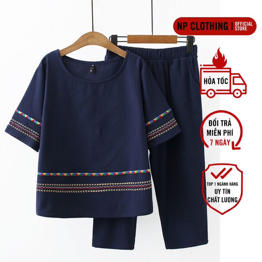 Bộ Đũi Trung Niên Nữ S840, Set Đồ Trung Niên Chất Đũi Xước Cao Cấp Họa Tiết Thêu Ngang 2 Màu Thanh Lịch