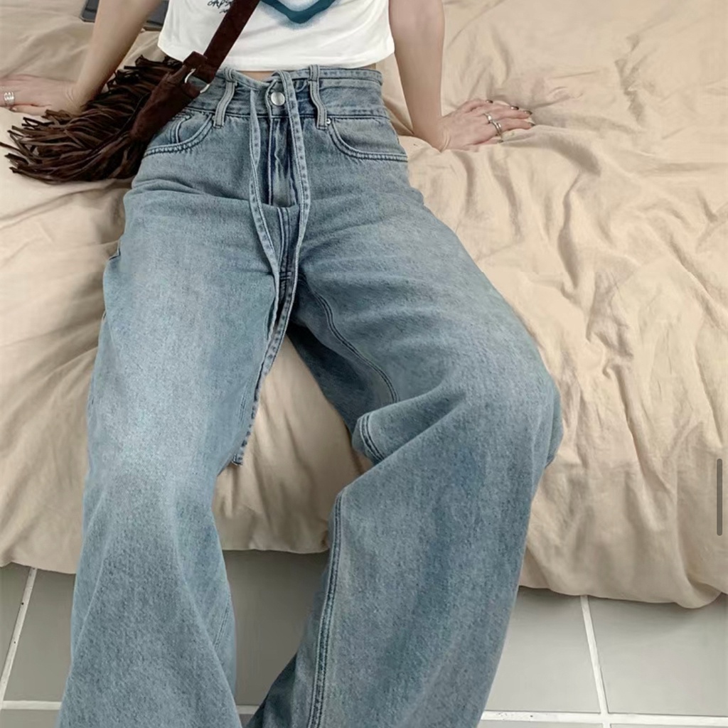 Quần jean ống rộng SUXI lưng cao màu sắc đơn giản thời trang thu đông cho nữ