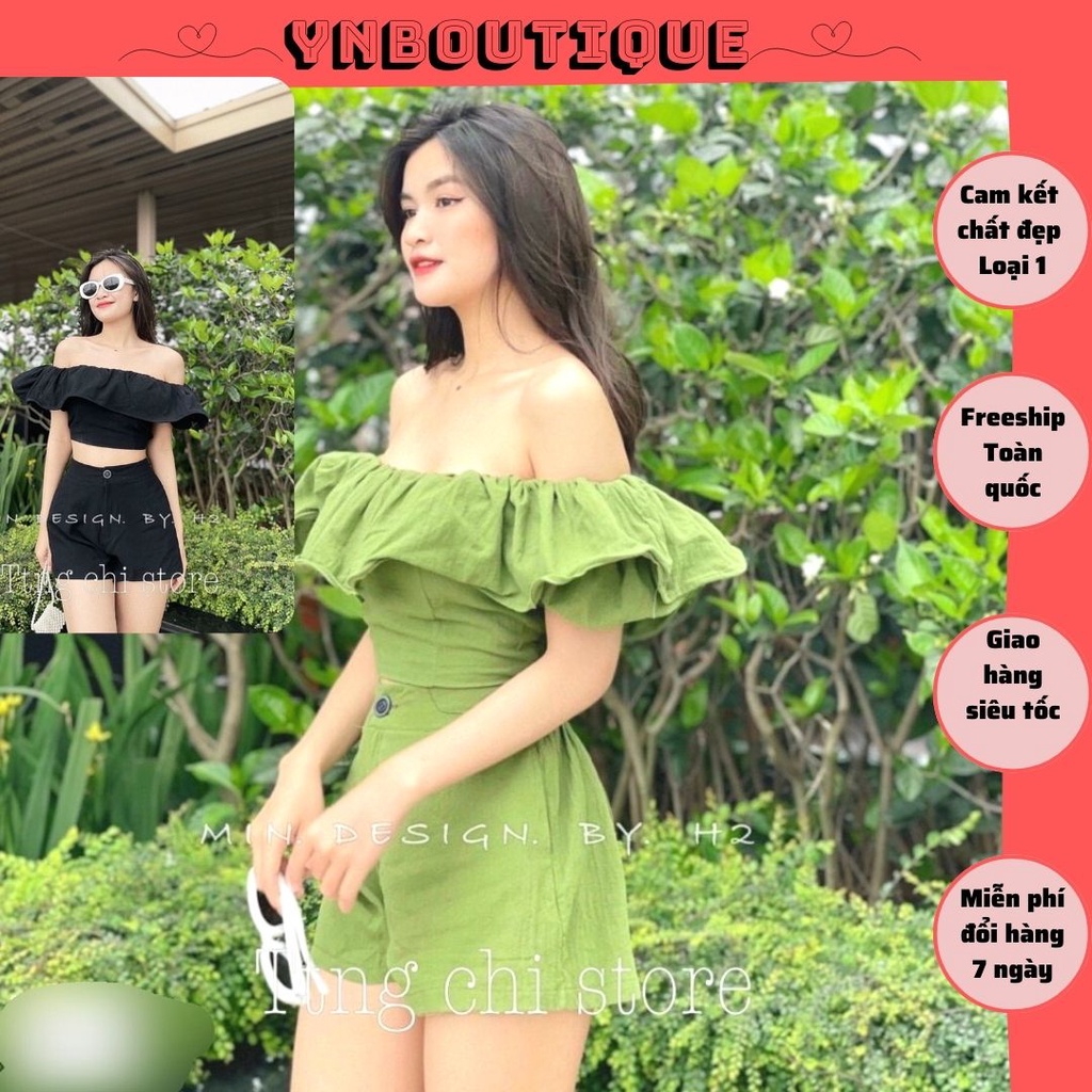 Set đồ nữ sang chảnh, set croptop, áo trễ vai bèo to crotp mix quần sooc Ynboutique (Ảnh thật + freeship)
