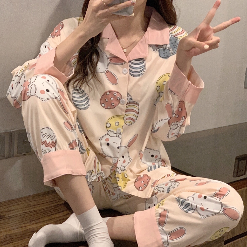 Bộ đồ ngủ cotton tay dài thời trang Hàn Quốc cho nữ