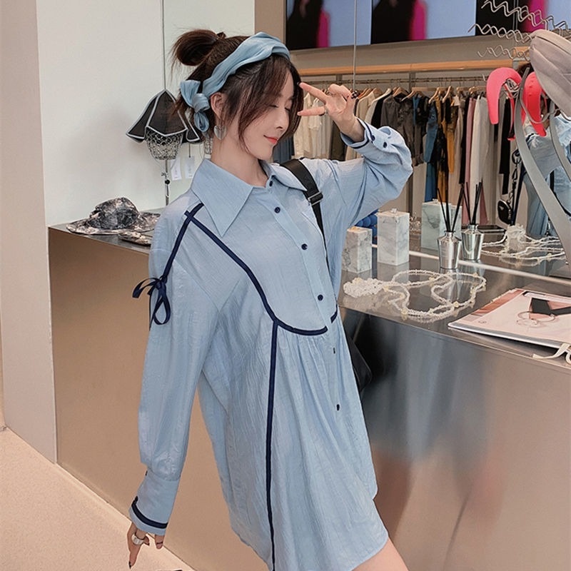 Đầm Sơ Mi Phối Dây Ruy Băng Màu Sắc Tương Phản Thời Trang Mùa Thu Cho Nữ