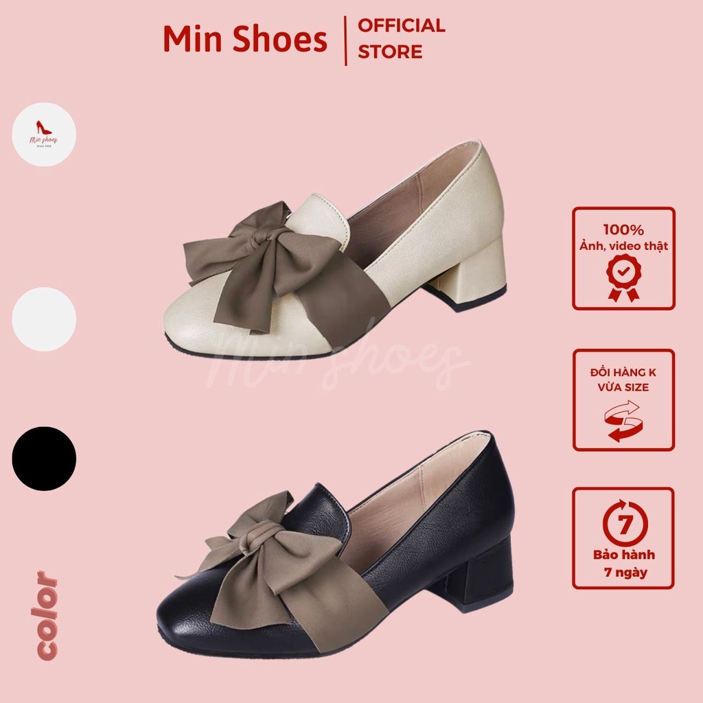 Giày da nữ cao gót nơ lụa đế vuông 5cm