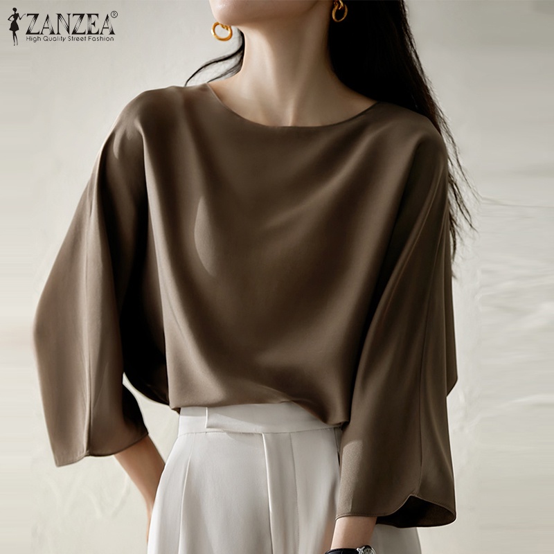 ZANZEA Áo Sơ Mi Vải Satin Tay Lửng Cổ Tròn Dáng Rộng Thời Trang Cho Nữ